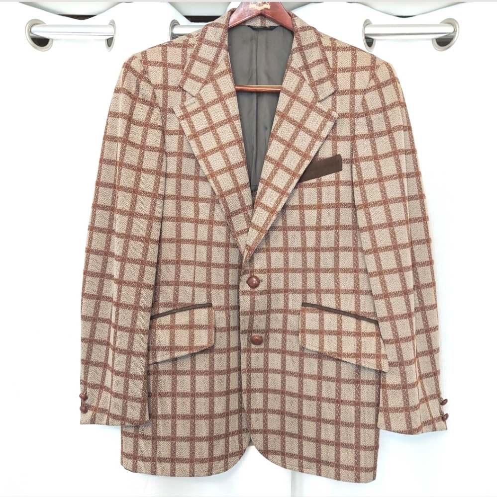 Vtg Polyester Blend Plaid Suit Coat 40R Dress Jacket Suede Trim Cedrics